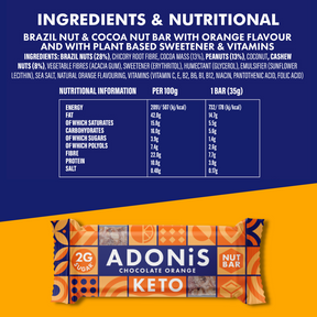 Brazil nut and cocoa keto nut bar with orange flavour and plant based sweetener and vitamins